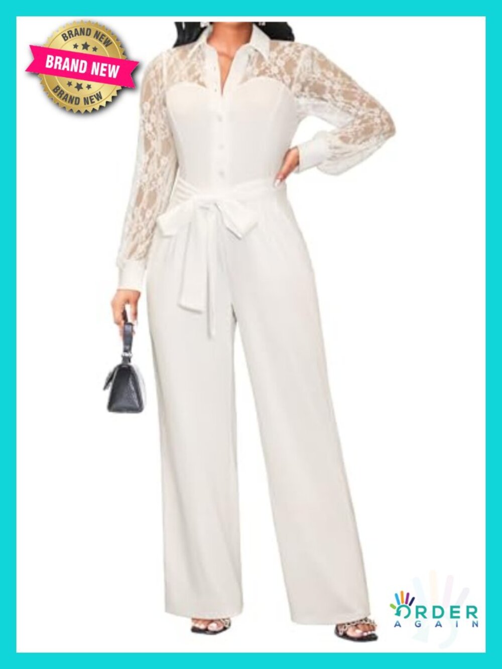 Lace-Paneled Jumpsuit with Pockets, Wide Leg, Long Sleeve, V-Neck